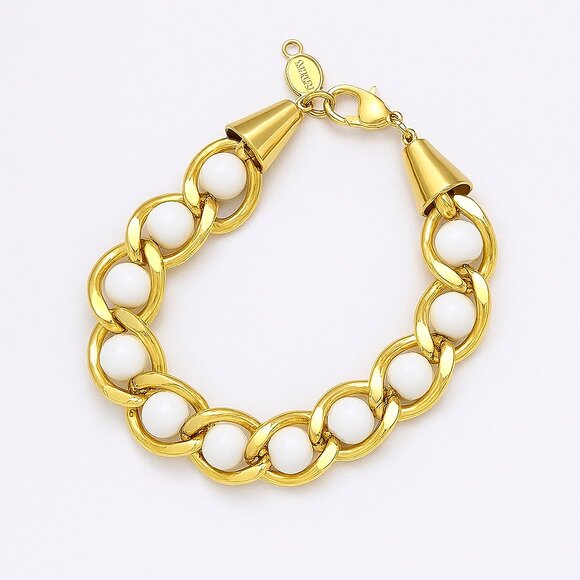 Vintage Napier Gold-Tone & White Bead Link Bracelet – 7 Inches - Picture 1 of 4